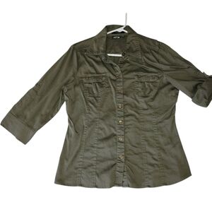 Apt 9 Olive Green Roll Tab 3/4 Sleeve Button Down Shirt Size Med